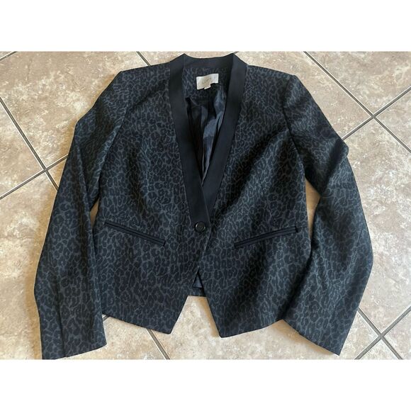 LOFT 6 Animal Print Lined Short Blazer Jacket Black Grey - Picture 1 of 5